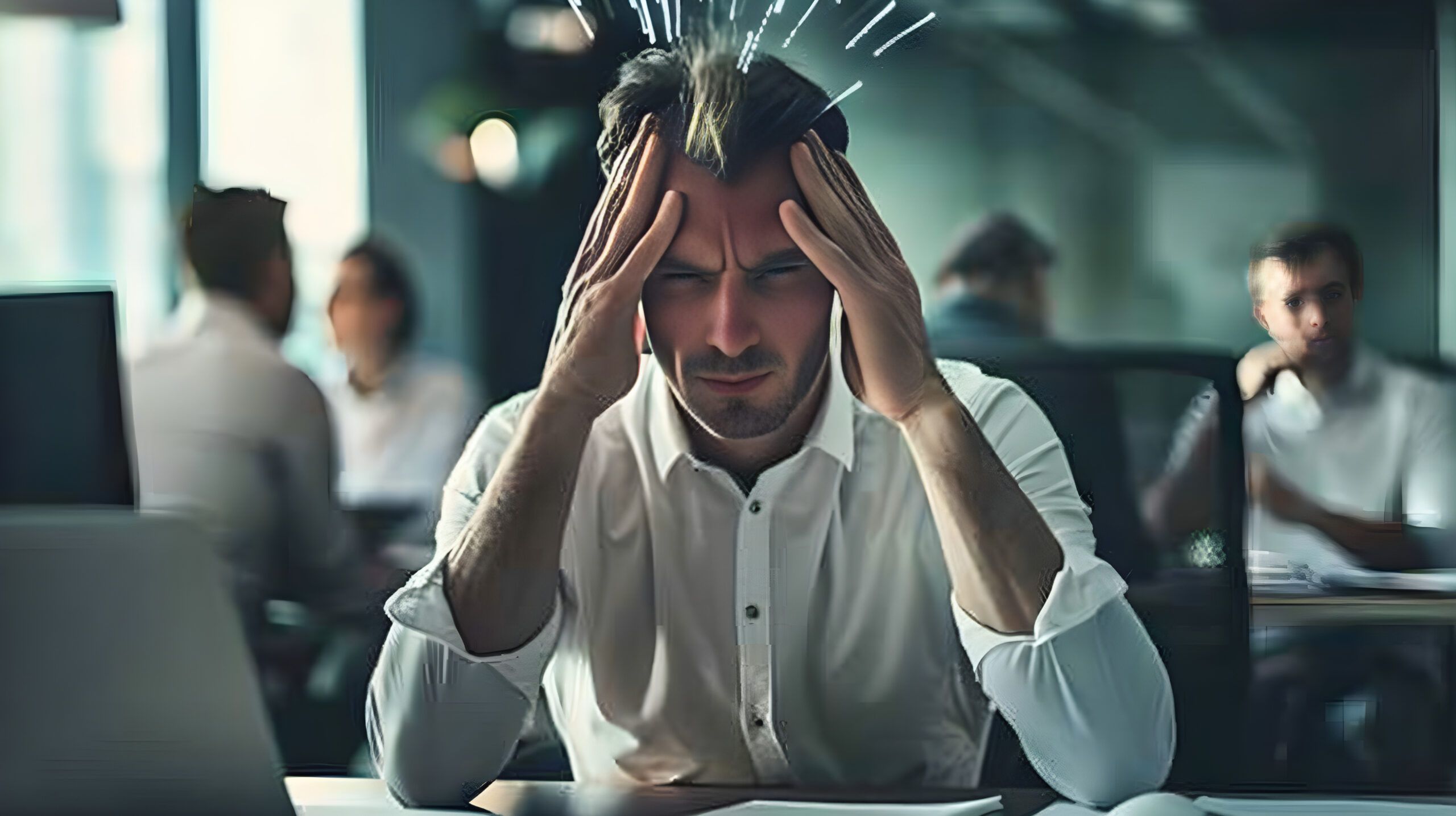 image of man sitting at desk overwhelmed by work stress