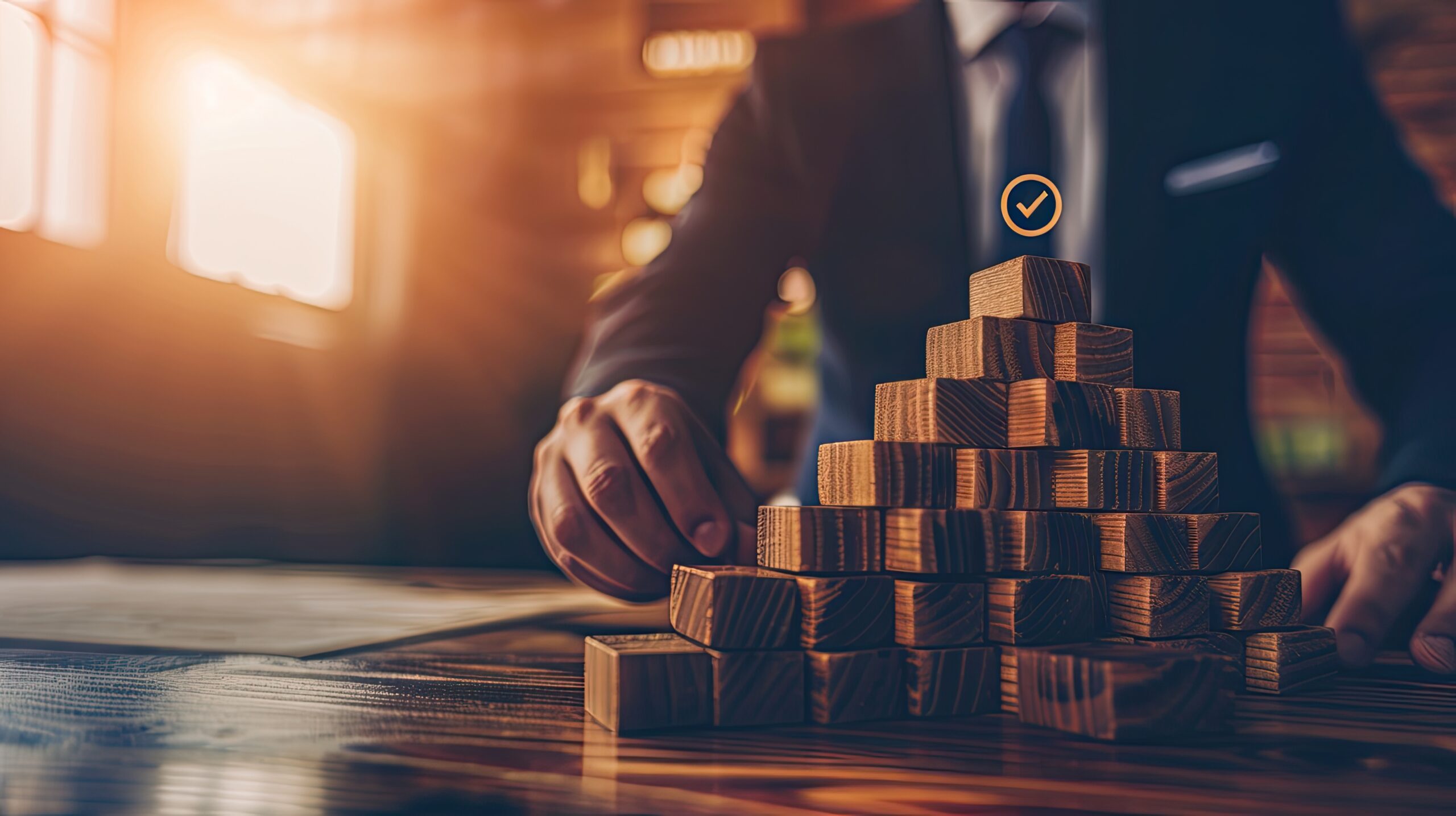 businessman assembling wooden building blocks