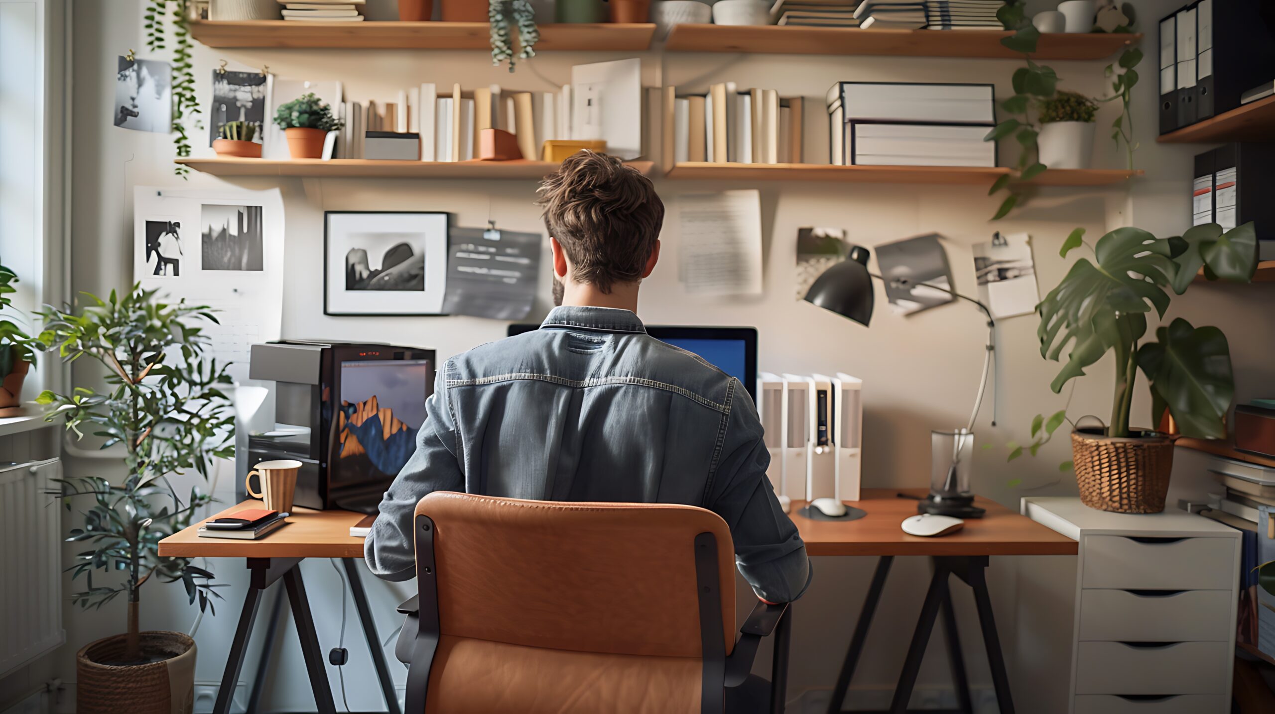 man sitting at home desk working remotely